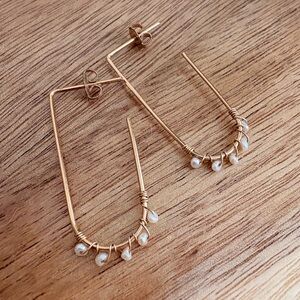 Delicate Gold Wire Hoop Earrings with Pearl Drops